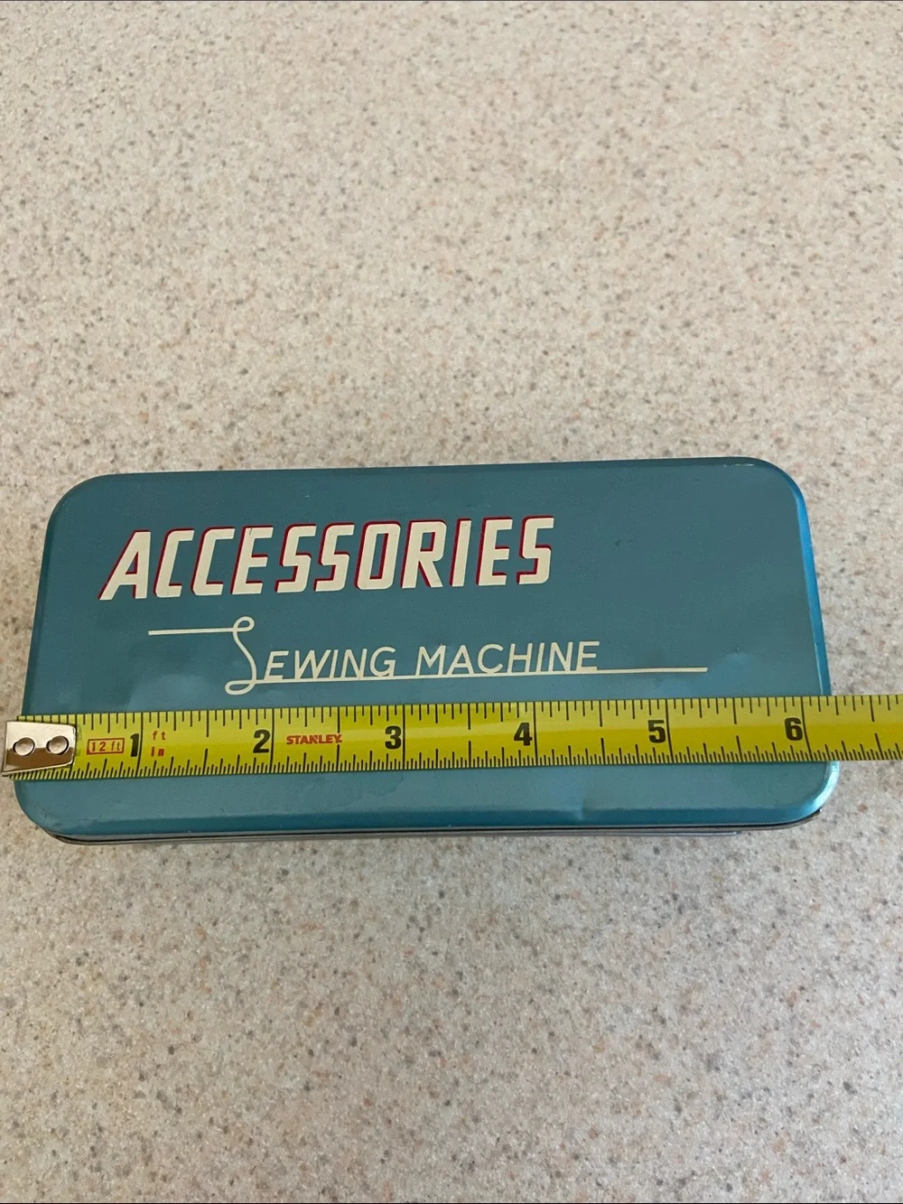 Vintage Sewing Machine Accessories Tin Blue Metal Storage Box